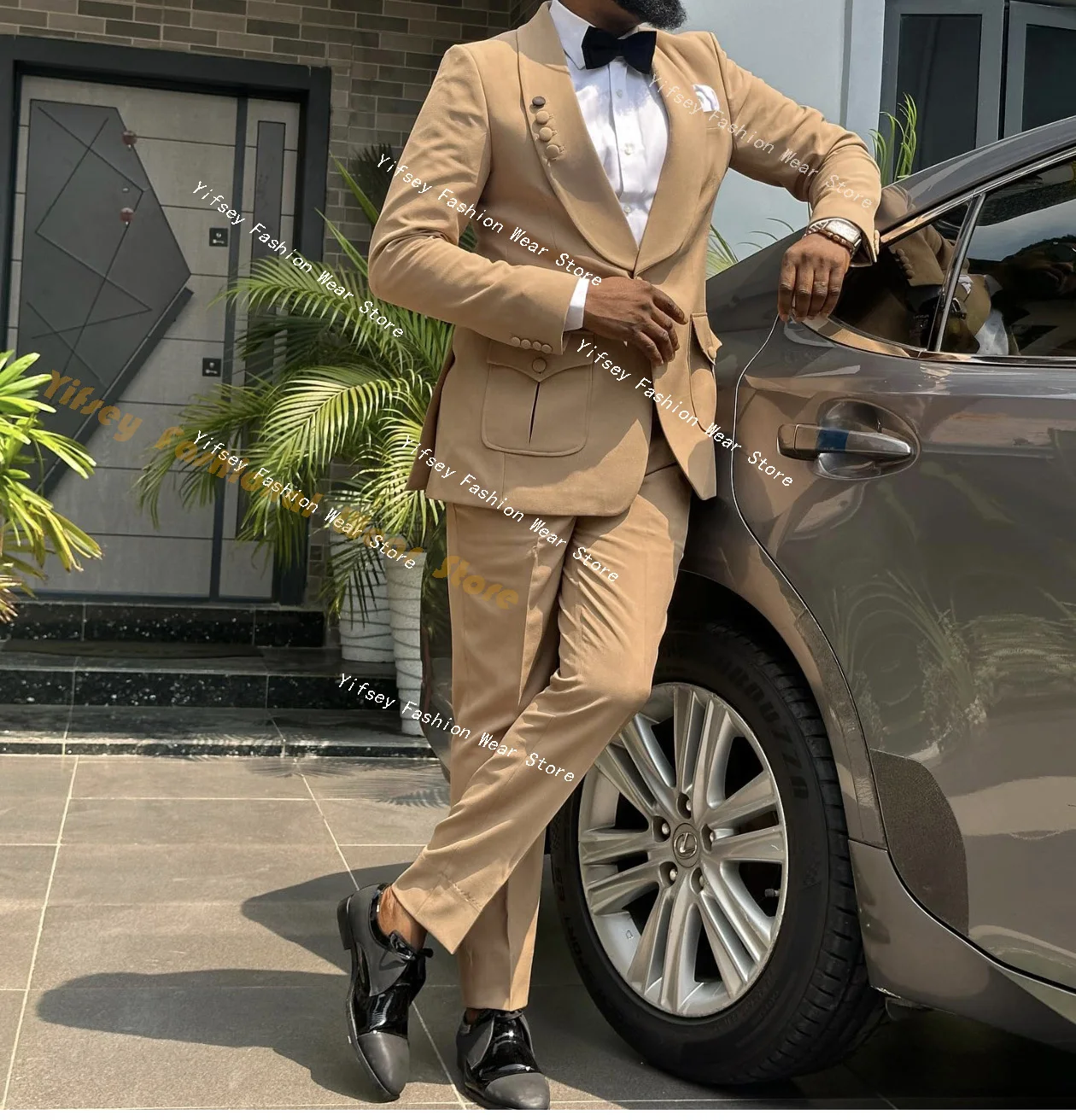 Champagne Men's Suit Flap Pocket Blazer Trousers Costume Homme Shawl Collar Button Decoration Jacket Pants Sets Wedding Outfit