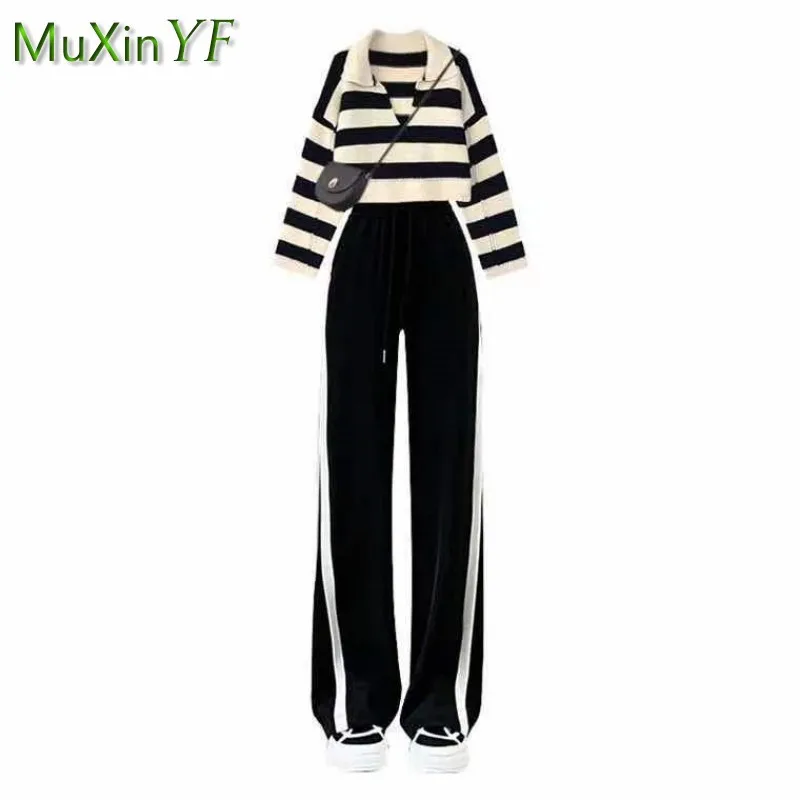 Women\'s Spring Autumn Sportswear Set 2023 New Fashion V-neck Striped Knit Shirt+Wide Leg Pants Two Piece Korean Chic Tracksuit