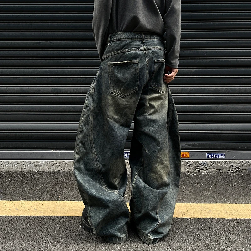 PFNW Distressed Rub Color Baggy Jeans Men's Autumn Street High Qualtiy Design Reverse Waist Head Wide Leg Machete Pants 12C1736