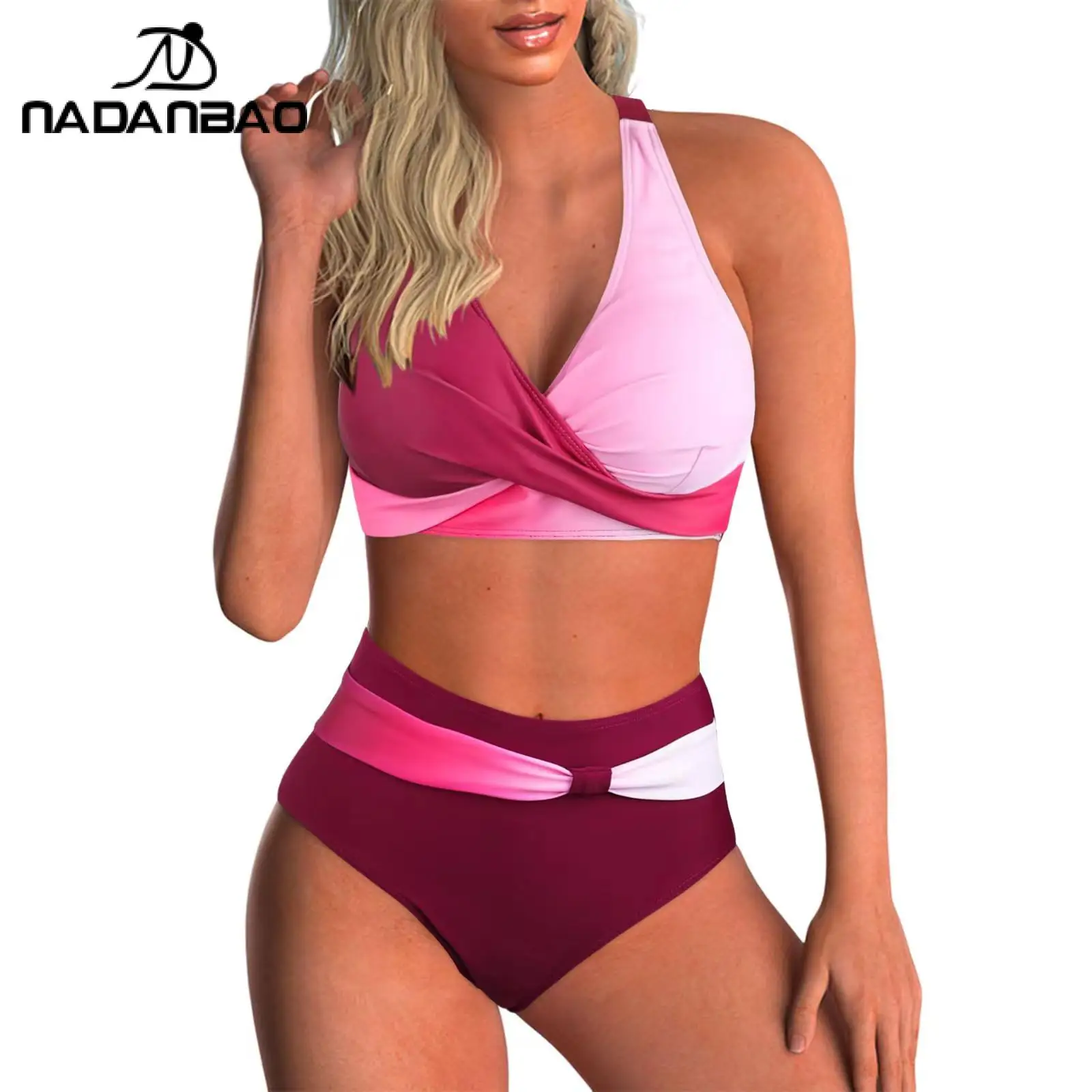 Nadanbao New Bikini Sexy V-Neck Print Two Piece Swimwear Bikini High Waist Bikini Beach Casual Swimsuit pool 2025 Summer