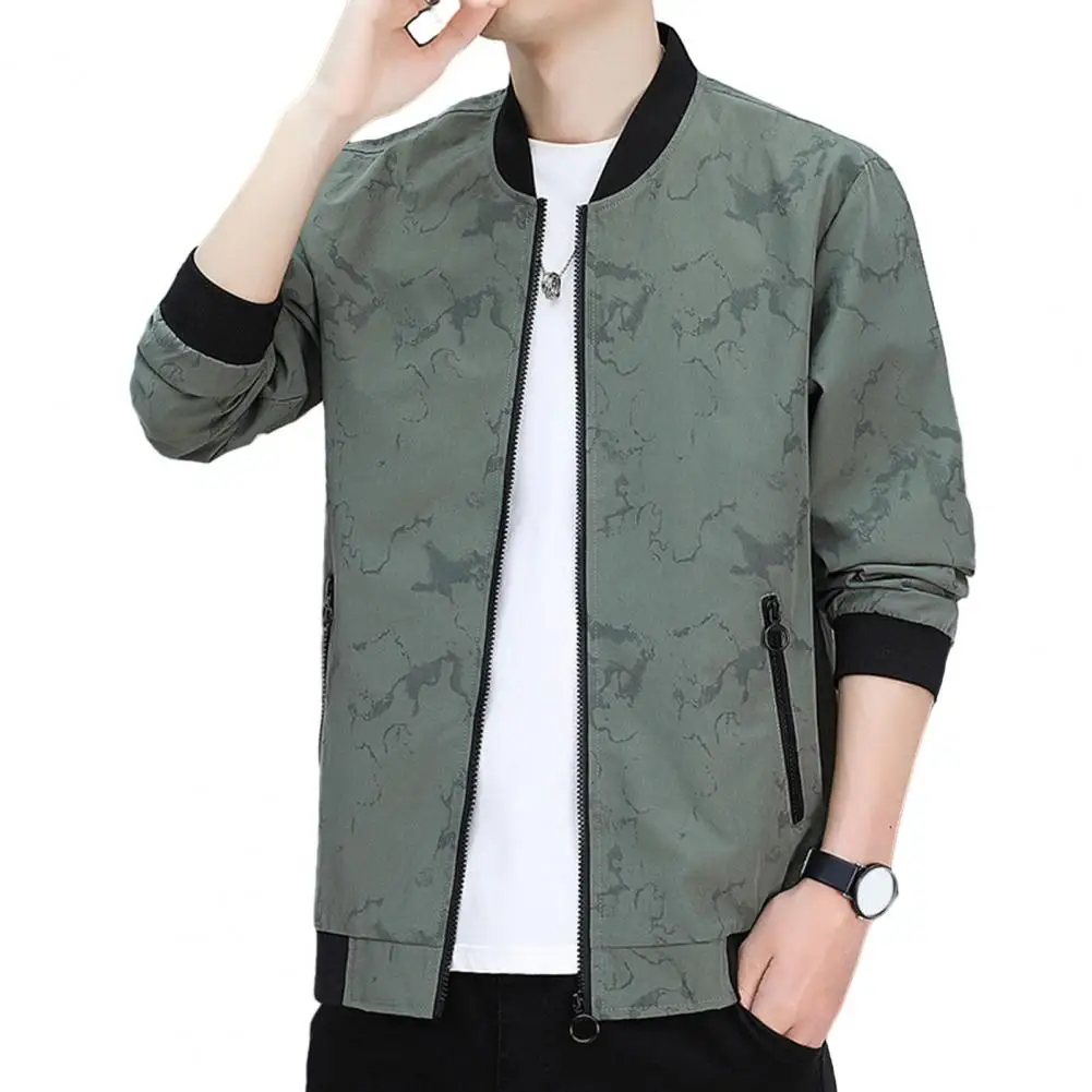 

Men Spring Fall Jacket Stand Collar Contrast Color Long Sleeve Loose Camouflage Print Coat