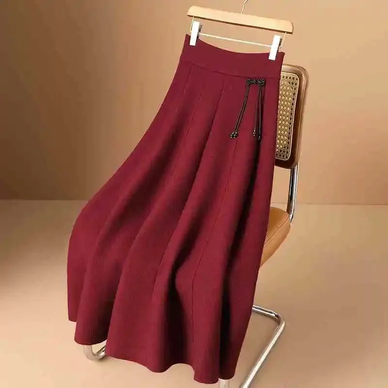 

Осень-зима, женская юбка трапециевидной формы с высокой талией, эластичные трикотажные шерстяные юбки, новинка 2025, женская большая распашная юбка, юбка-свитер Mujer