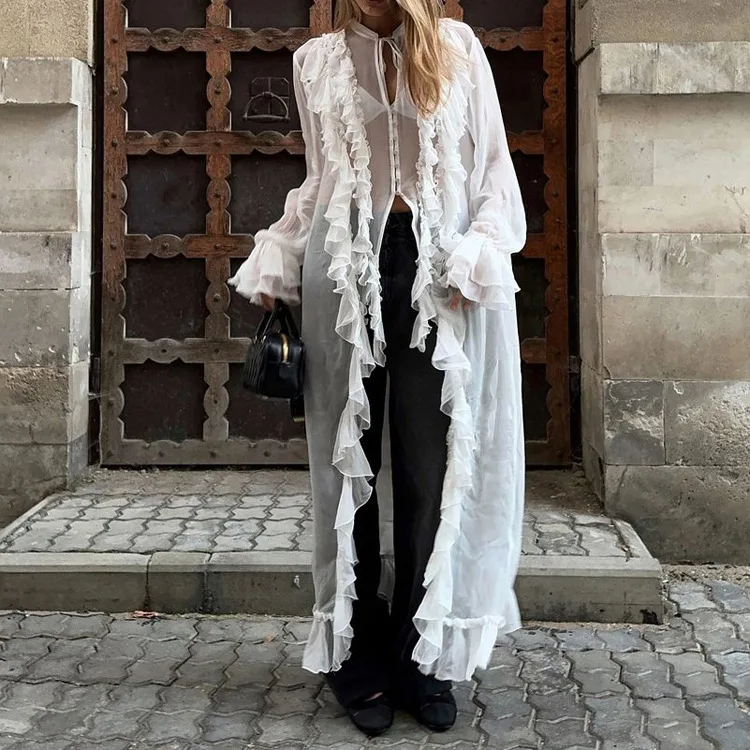 2026 Summer White O-Neck Women's Dress Casual Translucent Long Sleeve Lace-Up Dresses Fashion Ruffle Button Ankle-Length Dress