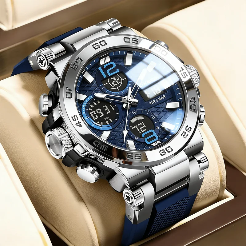 FOXBOX Military Man Watches Luxury Dual Display Men Wristwatches Fashion Luminous Waterproof Calendar Quartz Watch Reloj Hombre