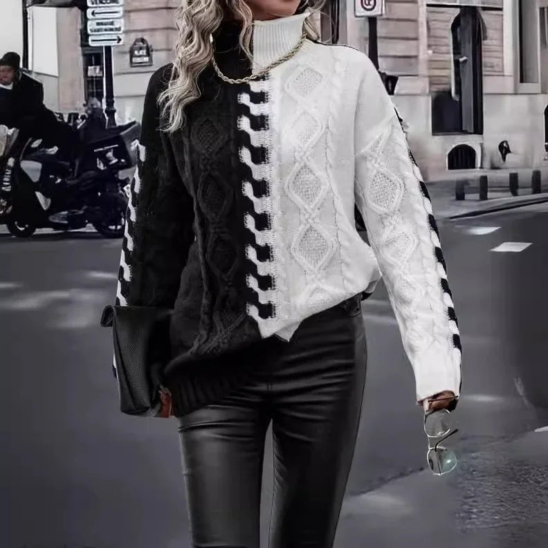 

Fashionable Color Block Design High Neck Loose Knitted Sweater Symmetrical Overhead Top Women's Wear