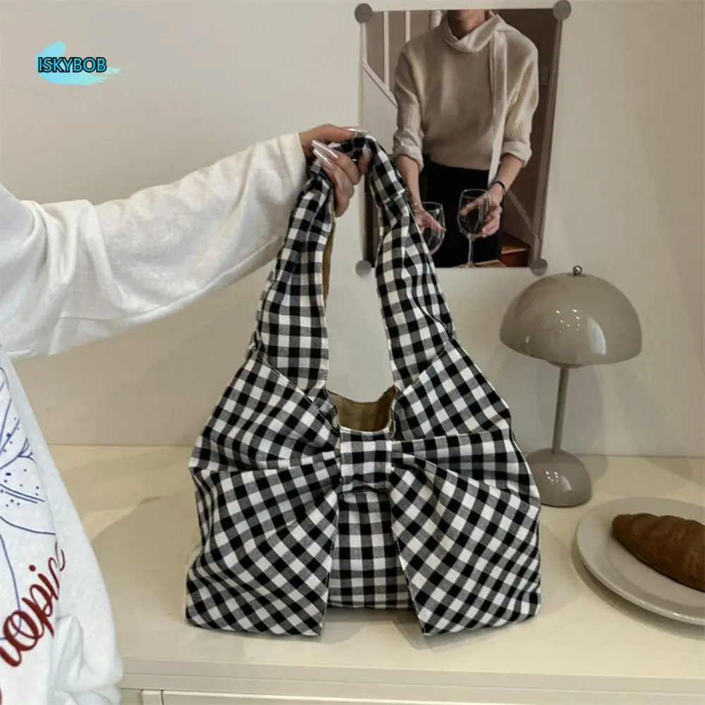 Повседневная сумка через плечо в корейском стиле с бантом, модная клетчатая сумка-тоут с бантом, тканевая сумка большой вместимости, дорожная сумка