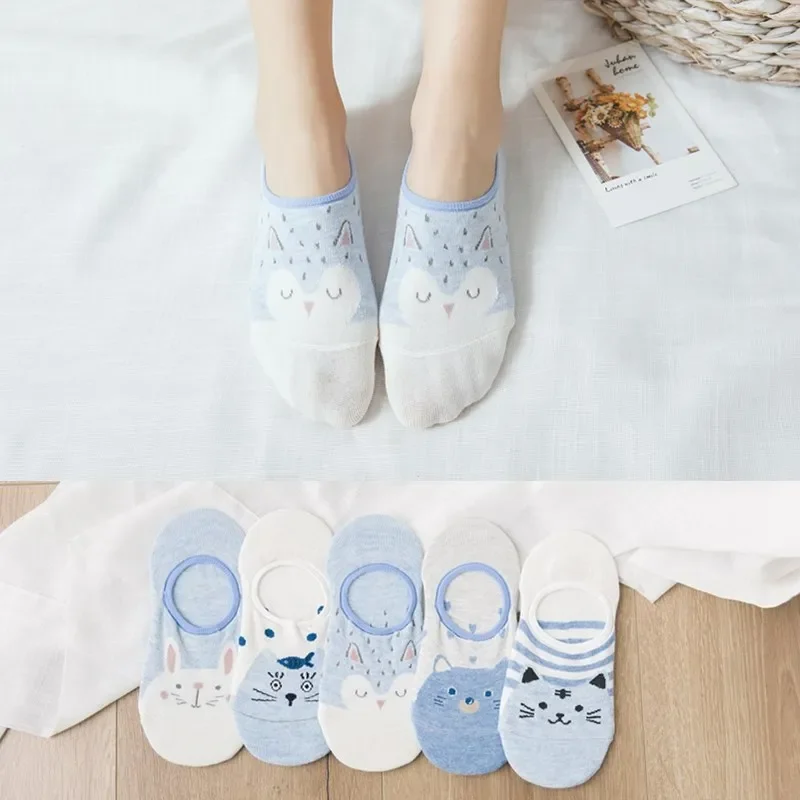 10 Pieces=5Pairs Arrivl Women Socks Funny Fruits Cute Happy Silicone Slip Invisible Cotton Sock 35-40 Printed Socking