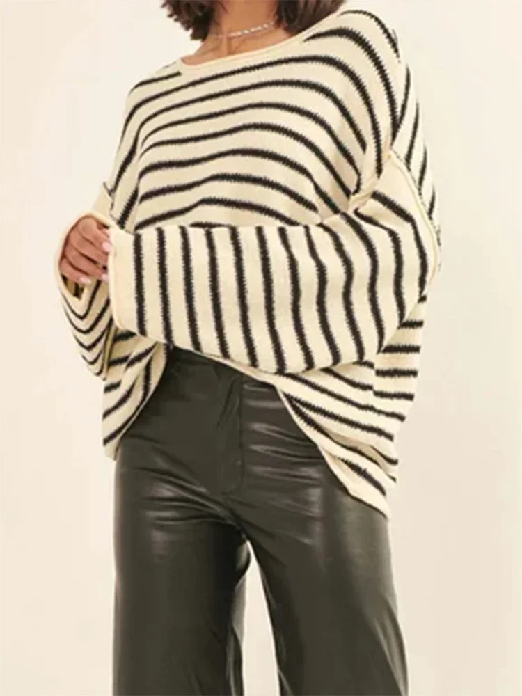 2024 Fashion Women Loose Casual Knitted Sweaters Striped Long Sleeve Round Neck Pullovers Spring Fall Jumpers Tops Streetwear