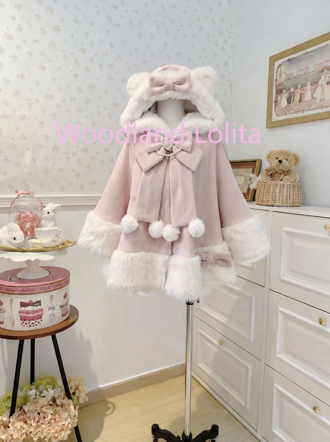 Japanese Lolita Sweet Cat's Ears Hooded Cloak Jackets Women Y2k Aesthetic Furry Patchwork Coat Harajuku Sweet Bow Loose Jacket