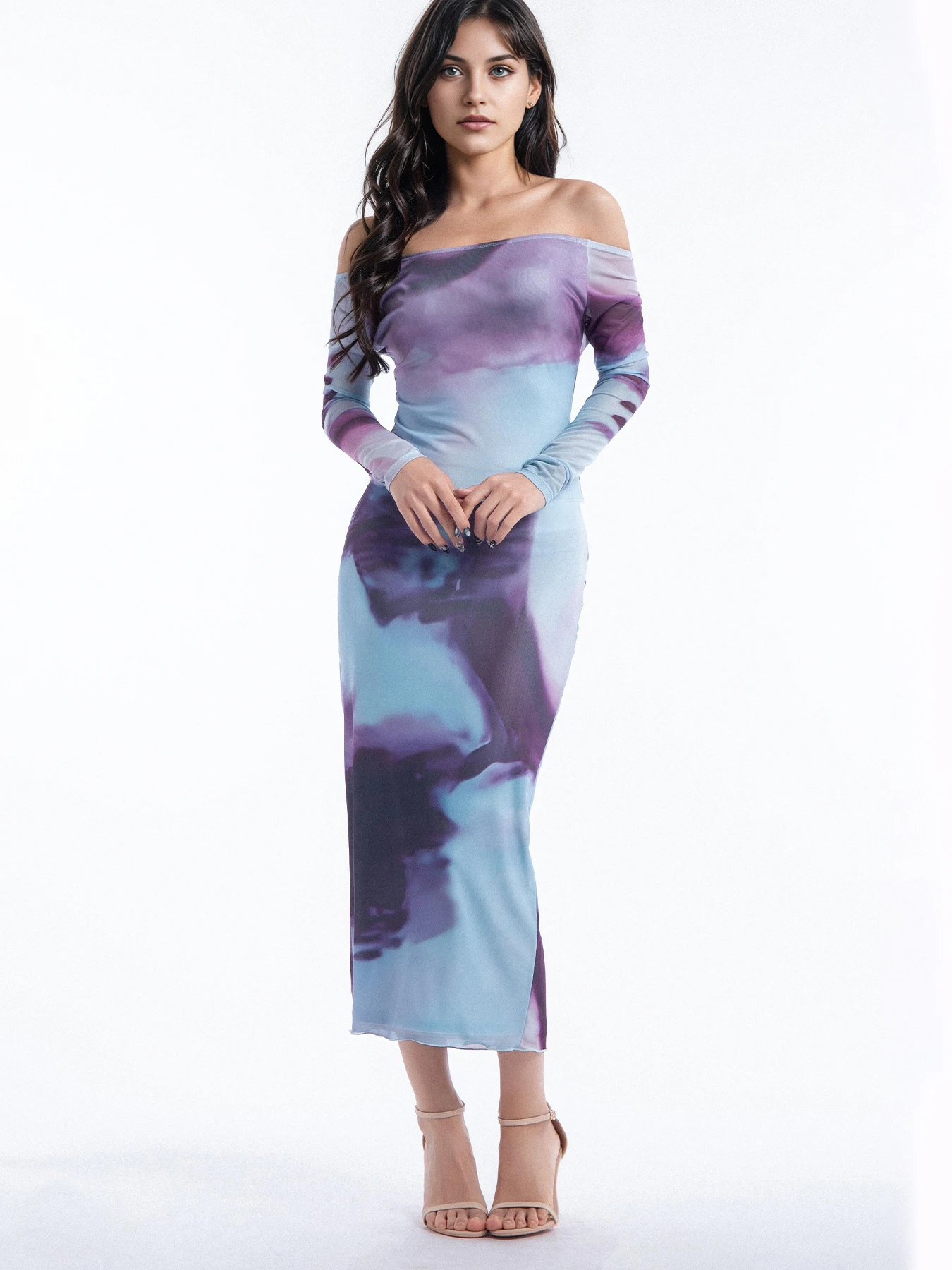 

Women Elegant Knitted Mesh Tie-Dyed Long Sleeve Top with Elastic Waist Skirt Ankle-Length Skirt Sexy Off-Shoulder Party Wear