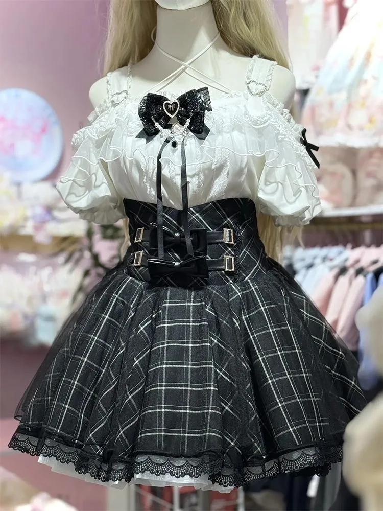 Kawaii Japanese Jirai Kei Ryousangata 2Piece Set Retro Sweet Black White Lace Off-Shoulder Blouse High-Waisted Plaid Mini Skirt