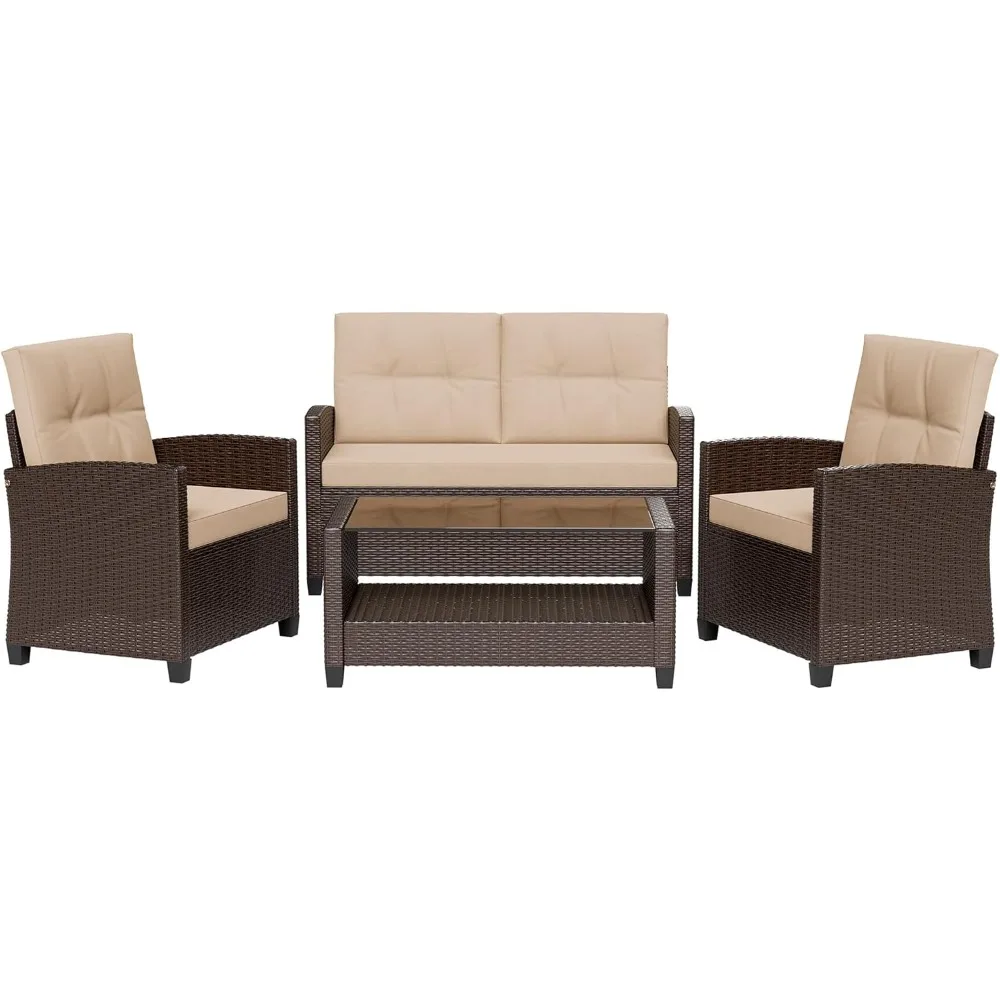 

4 Piece Patio Furniture Set, Outdoor Rattan Conversation Set with Coffee Table, Outside Wicker Sectional Sofa Couch with Cushio