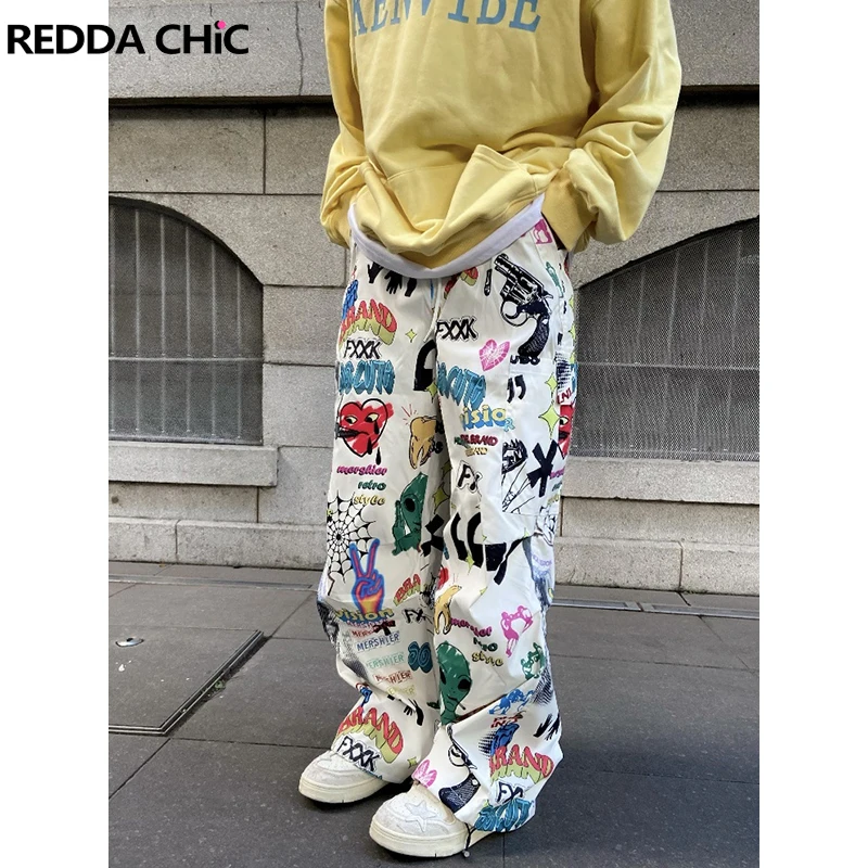 REDDACHIC Vintage Graffiti Print Men Cargo Pants Drawstring Elastic Waist Oversize Straight Wide Casual Trousers Y2k Streetwear