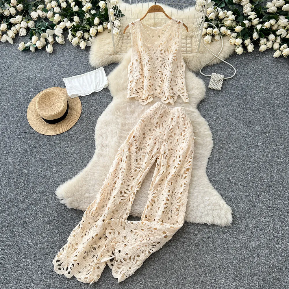

Pant Set Women Two Piece Sets V Neck Sleeveless Hollow Out Vest Casual Loose Wide Leg Long Pants Y2k Streetwear Elegant Beach