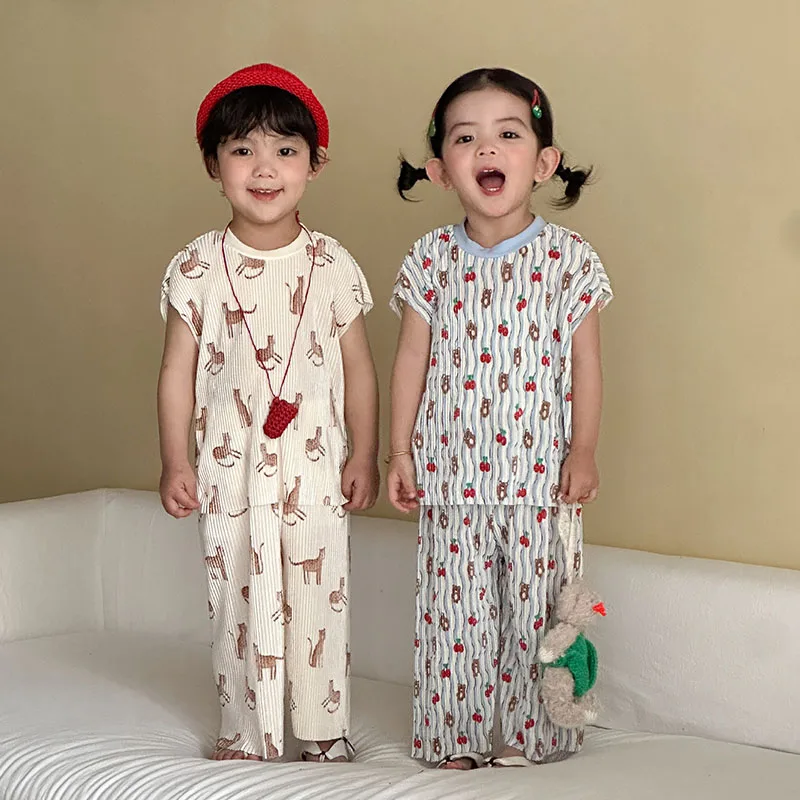 

MILANCEL Summer Kids Clothes Set 1-10T Boys Cartoon Bear T-shirt+Shorts Sweet Floral Girls Leisure Suit Loose Children Outfit