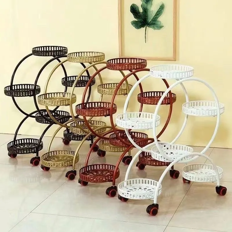Multi-Layer Wrought Iron Plant Stand On Casters, Movable Floor Flower Shelf, Indoor Balcony Plant Pot Holder for Home