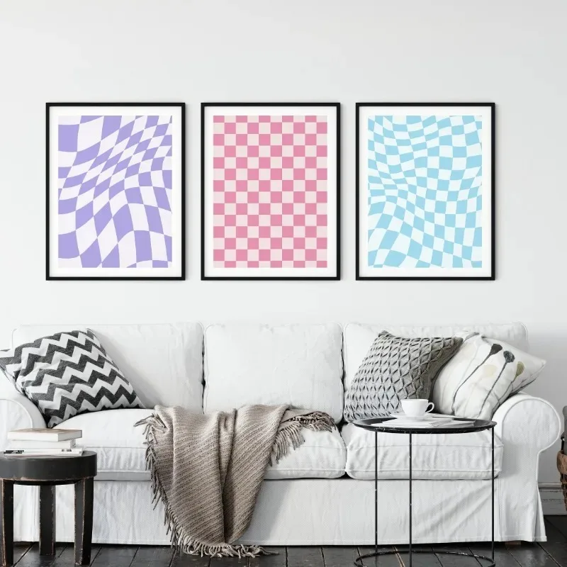 Vintage Aesthetic Groovy Retro Colorful Checked Poster Prints Canvas Painting Wall Art Picture Living Room Home Decor