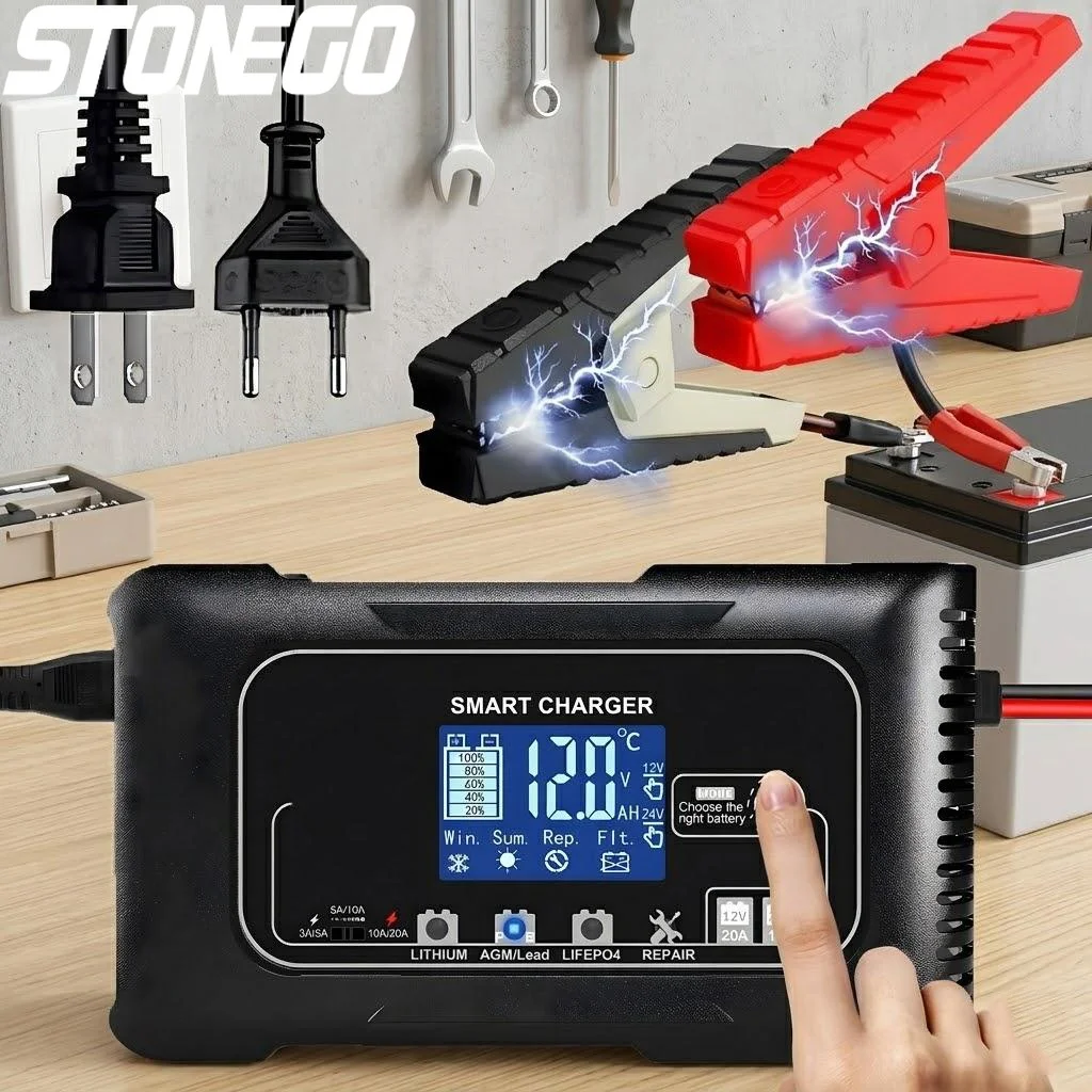 Smart Battery Charger 12V 24V Temperature Adaptive 3 Level Current Multiple Protections Lead Acid AGM LiFePO4 Auto Batteries