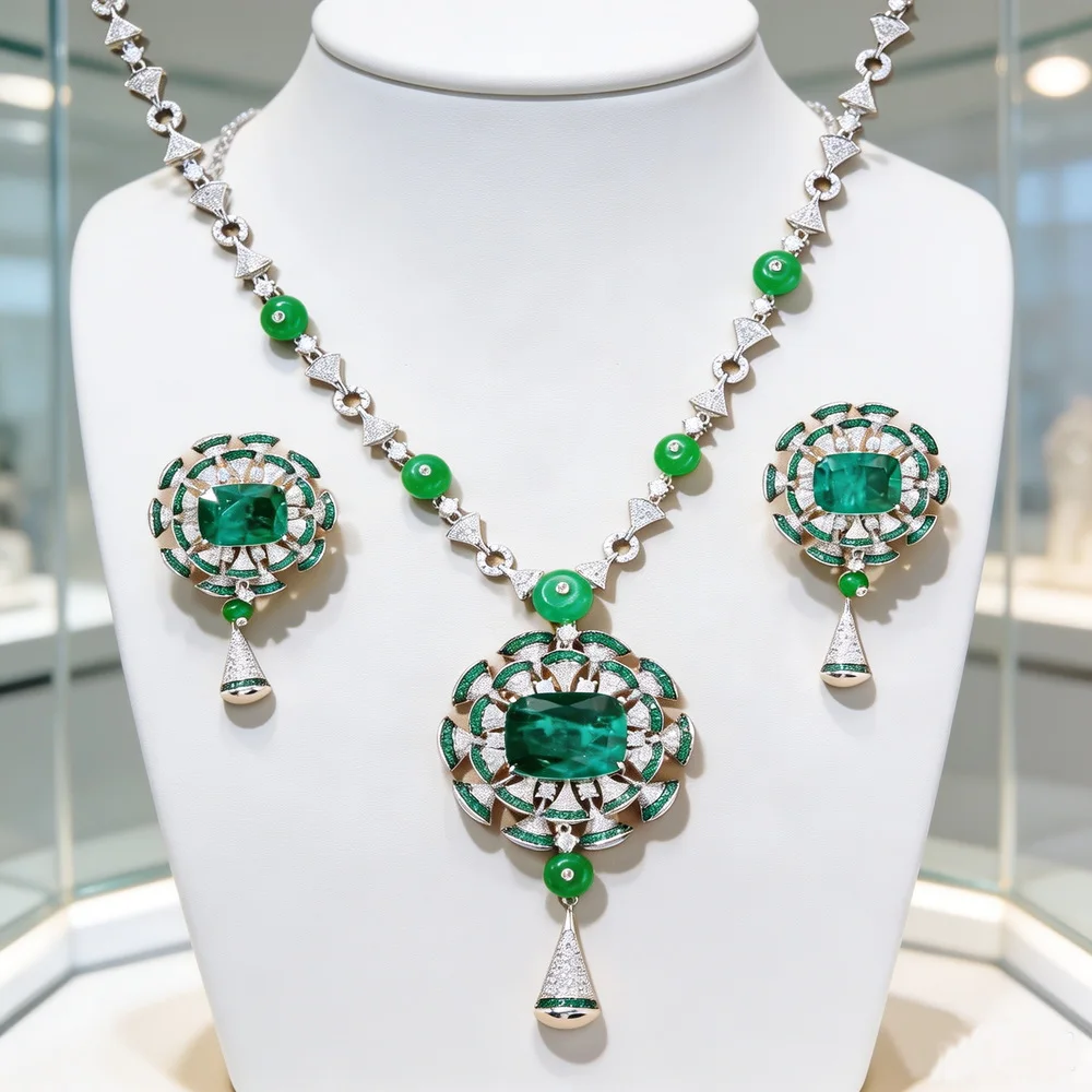 Vintage Fashion Necklace Earrings Women Lady Inlay Cubic Zircon Double Decker Fan-Shaped Pendant Beads Chain Party Jewelry Sets