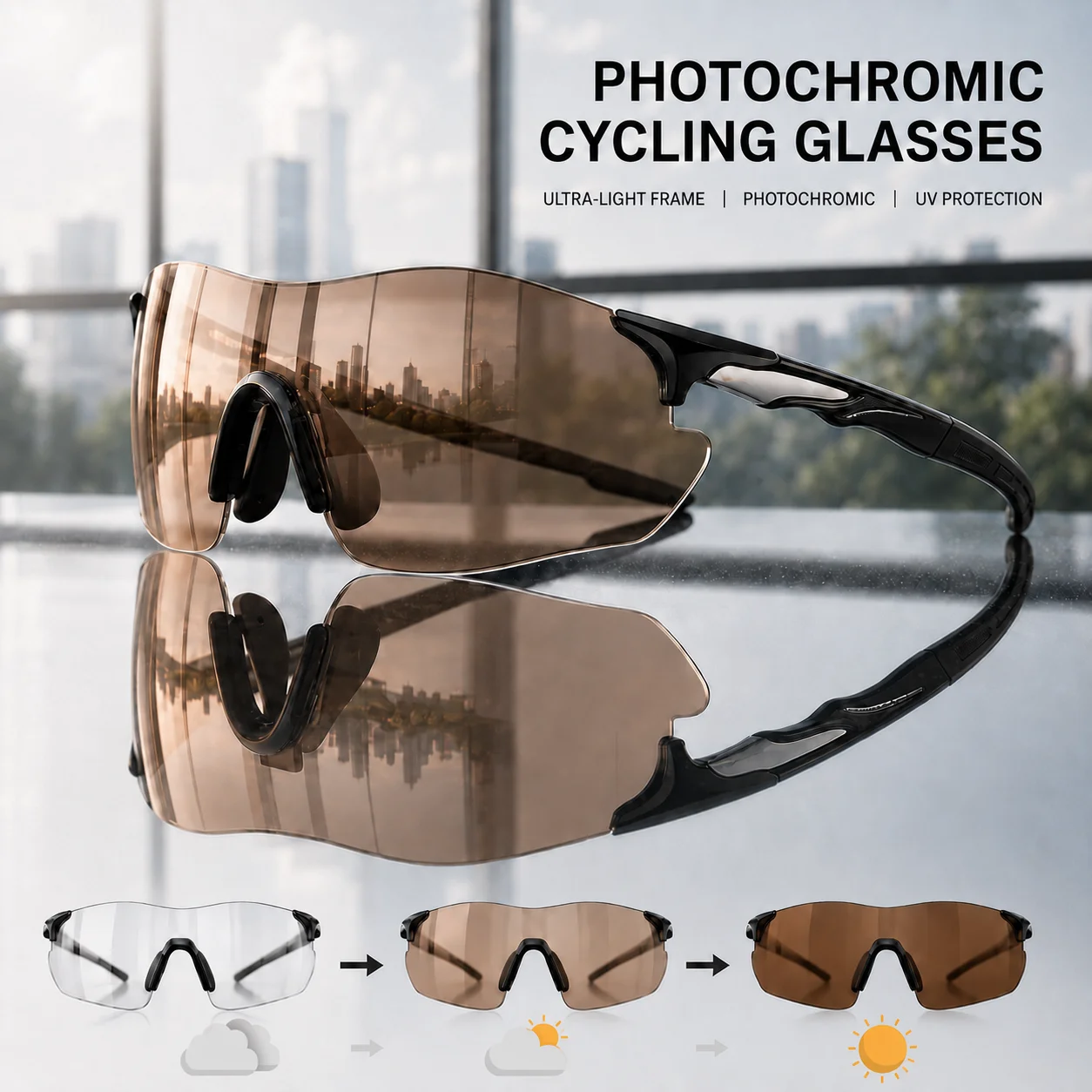 Photochrome Rahmenlose Sportsonnenbrille, UV-Schutz Radbrille für Männer und Frauen, Leichte Outdoor-Sicherheitsbrille – Detail 8
