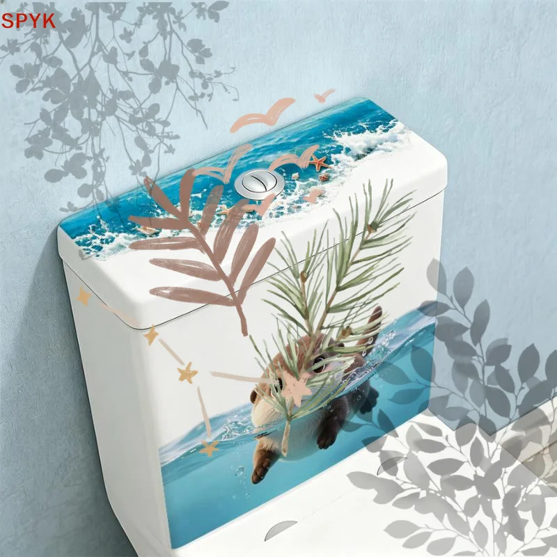 Cute Otter Toilet Tank Sticker Ocean Wave: Vinyl Decal Bathroom Adhesive Wall Art Accessories