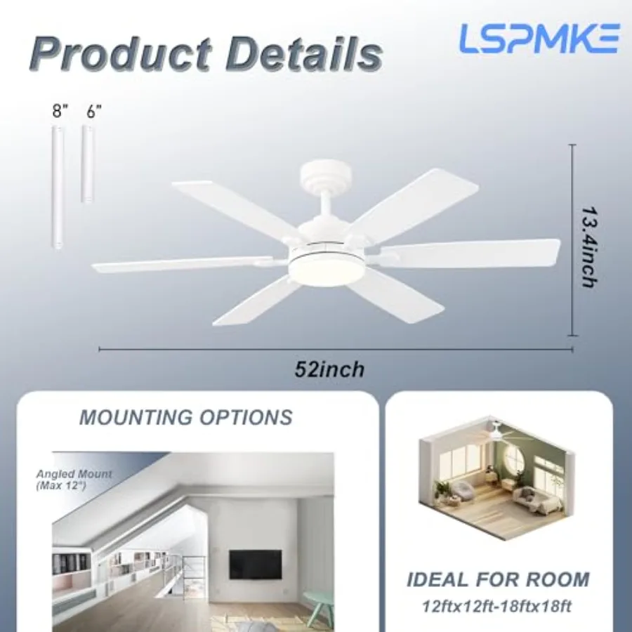 Ceiling Fans with Lights, 52 Inch Ceiling Fan with Light and Remote Control, Downrod Mount, Reversible, 3CCT, Dimmable, Noisele