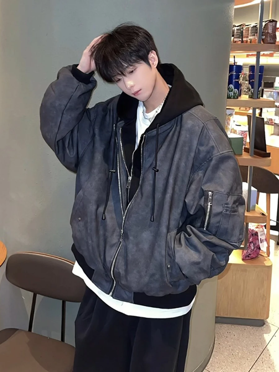 

Bla PU Leather Cotton Jaet Men's Winter Warmth Retro American Sle Cold Resistance Fake Two-Piece Casual Hooded Coat