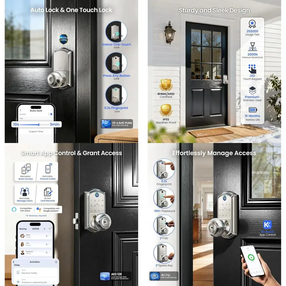 

Fingerprint & App-Controlled Smart Door Lock with Digital Keypad, Auto-Lock, Remote Access Sharing, Weather-Resistant, Satin Nic