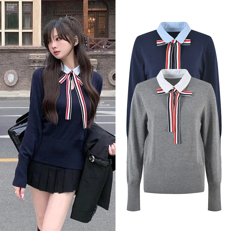 

Autumn Winter College Sle Knitted Sweater with Bow Tie Long Sve Versatile Faionable Anti-Aging Women's Faion