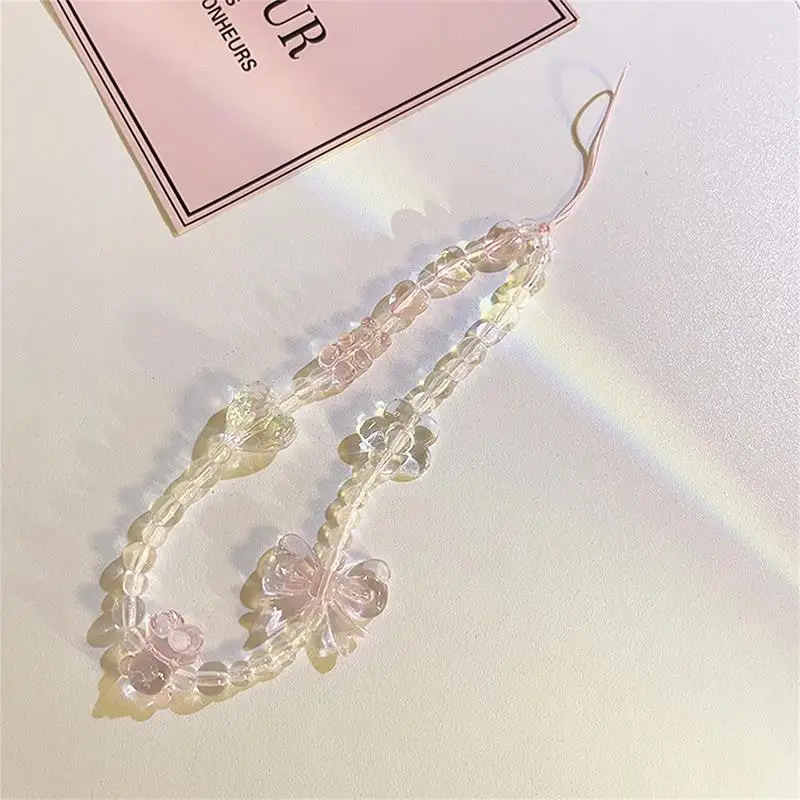 Korean Cute Y2K Pink Bow Bear Heart Beaded Phone Chain Charm Ziai Lanyard For iPhone Hanging Rope Girl Jewelry Decoration ﻿