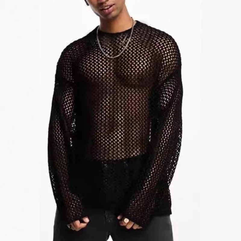 Summer Mesh Hollow Out See-Through Slim Long Sleeve T-Shirt Men's Sexy Layering Casual Top