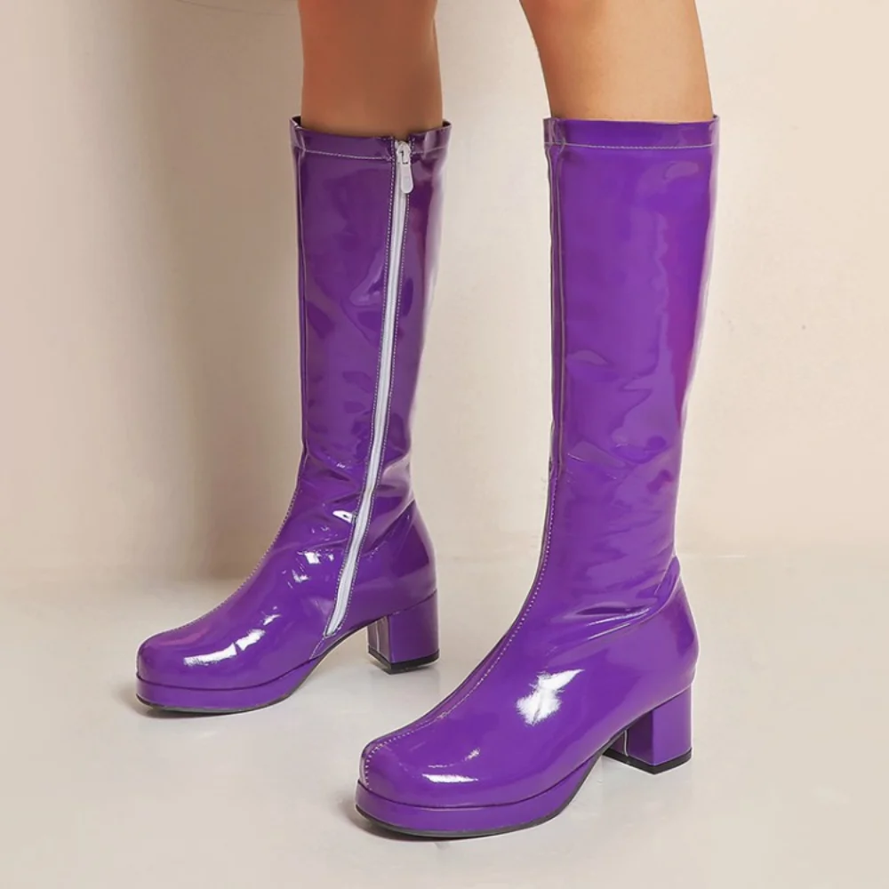 Autumn Winter Patent Leather Boots Fashion Long Shoes Round Toe Platform Thick Heel Ladies Party Wear Green Yellow Lavender Blue