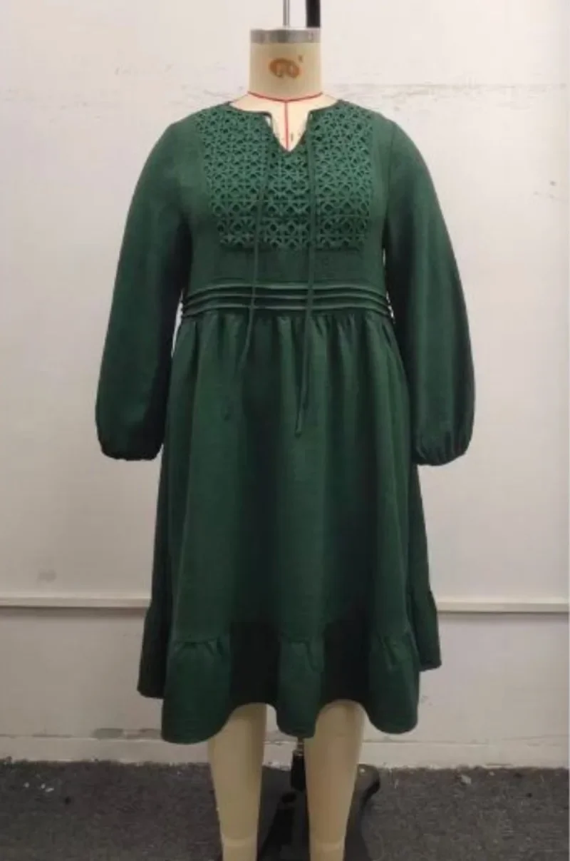 GUWU New Autumn Cotton Hemp Splicing Design Plus Size Dress Loose Bubble Full Sleeve Hollow High Waist Elegant Dress