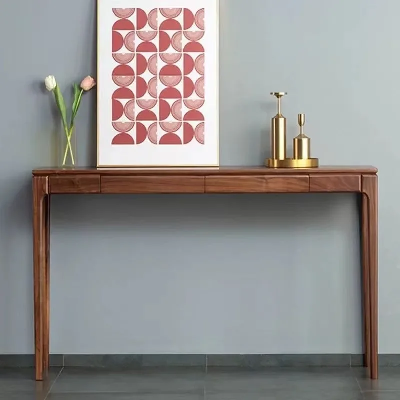 &Light Luxury New Chinese Style Solid Wood Long Table Entryway Hallway Nordic Simple Rubber Wood Eco-Friendly Black Walnut Moder