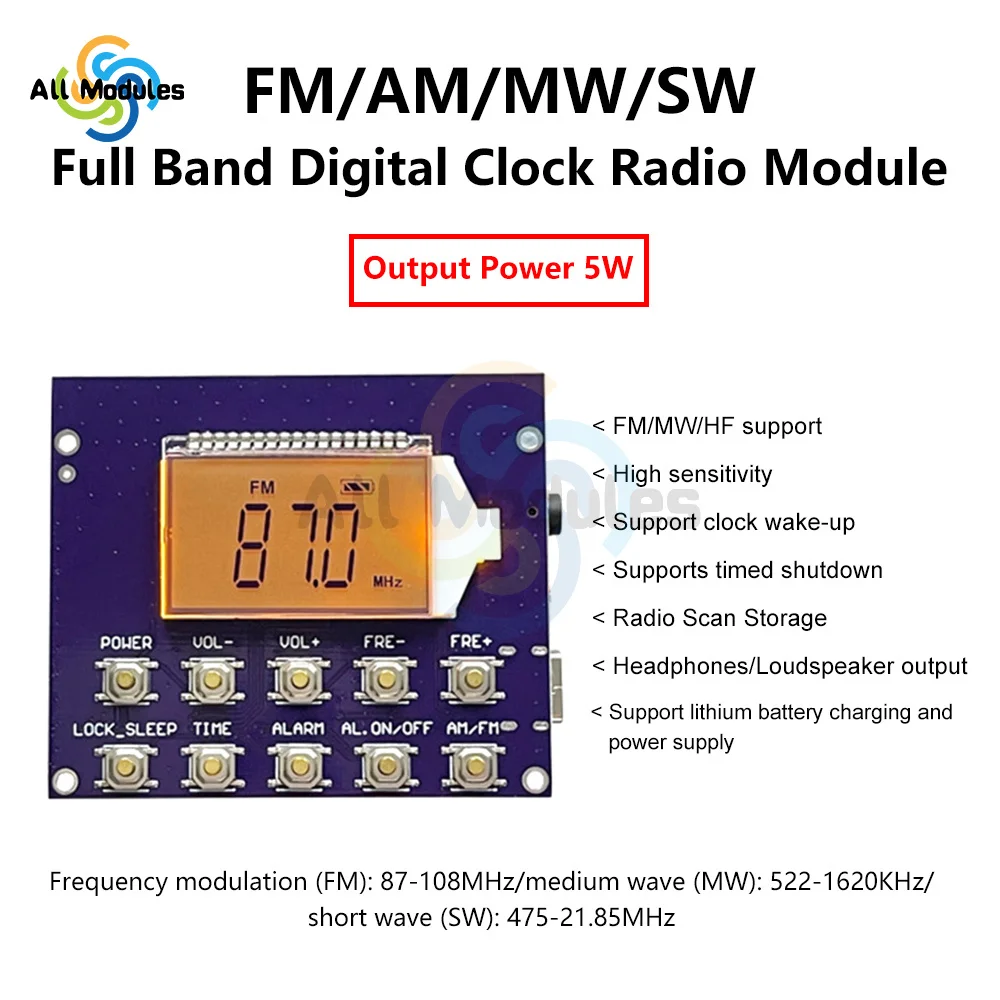 87-108MHz FM Full Band Radio Module short wave medium wave Electronic Number Digital Display Clock Controlled Radio Module Board