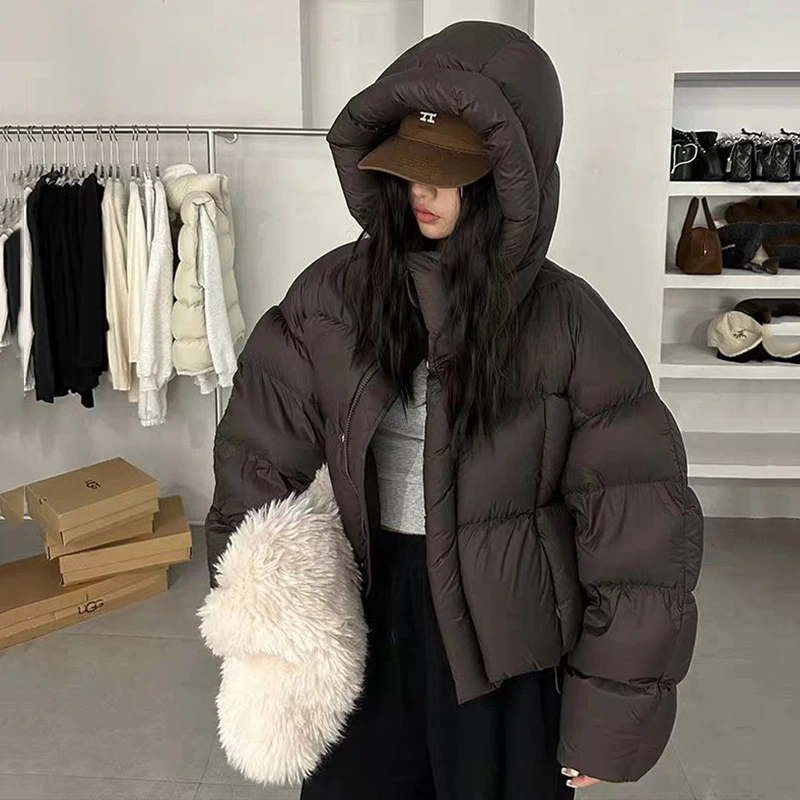 2024 Winter White Duck Down Hooded Puffer Jacket Thick Warmer Oversize Jacket Cotton Long Sleeve Zipper Padded Coat Female