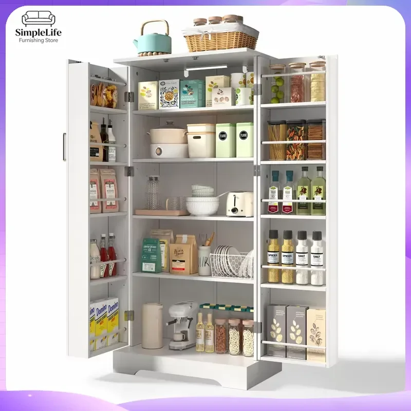 Modern Freestanding Kitchen Cabinet White 60x35x128cm Storage Cupboard with LED Sensor Light Adjustable Shelves Double Door