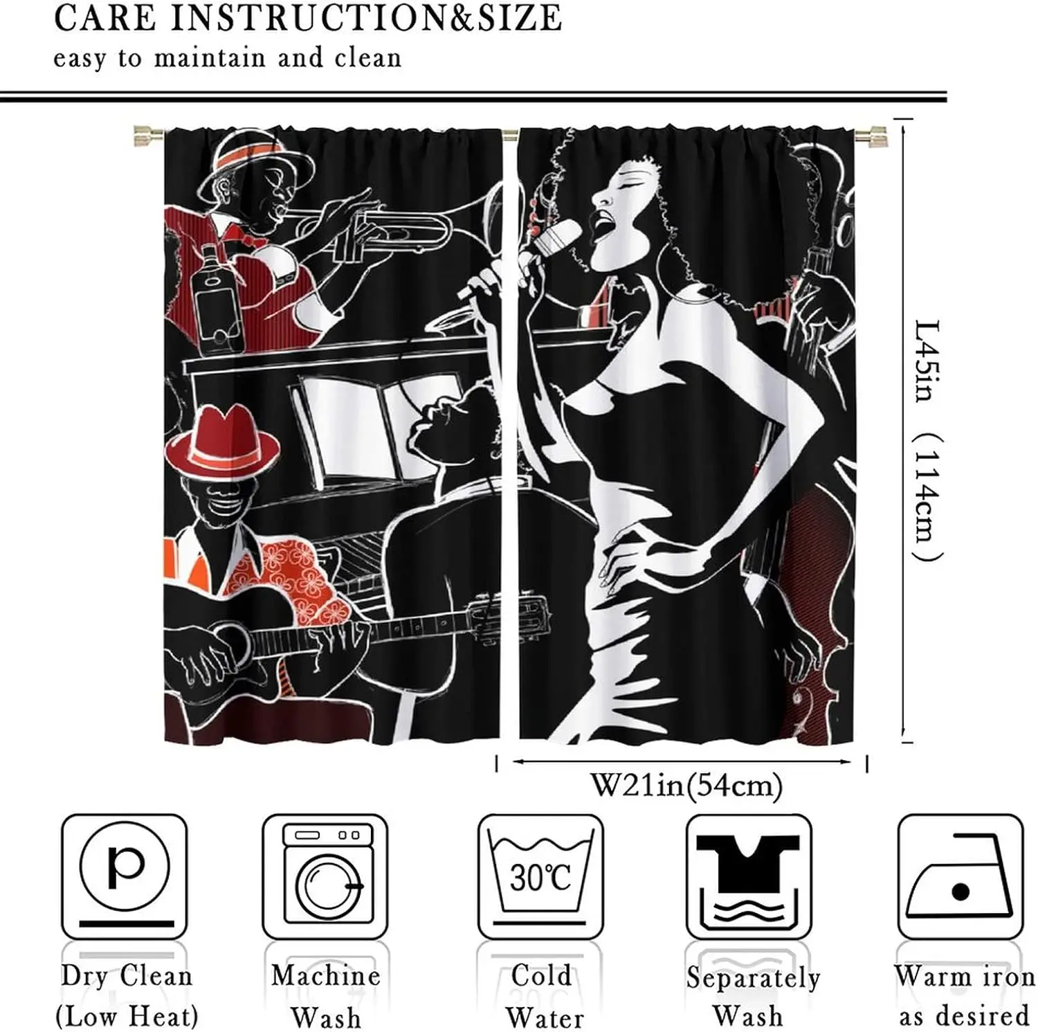 Jazz Music Curtains,American Woman Afro Black Girl Singing Art Theme Window Treatments for Bedroom Living Room Studio  2 Panel