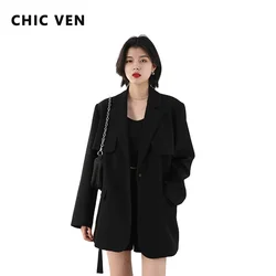 CHIC VEN-chaqueta negra de manga larga para mujer, abrigo informal con cinturón, Tops de oficina, ropa de primavera y otoño, 2023