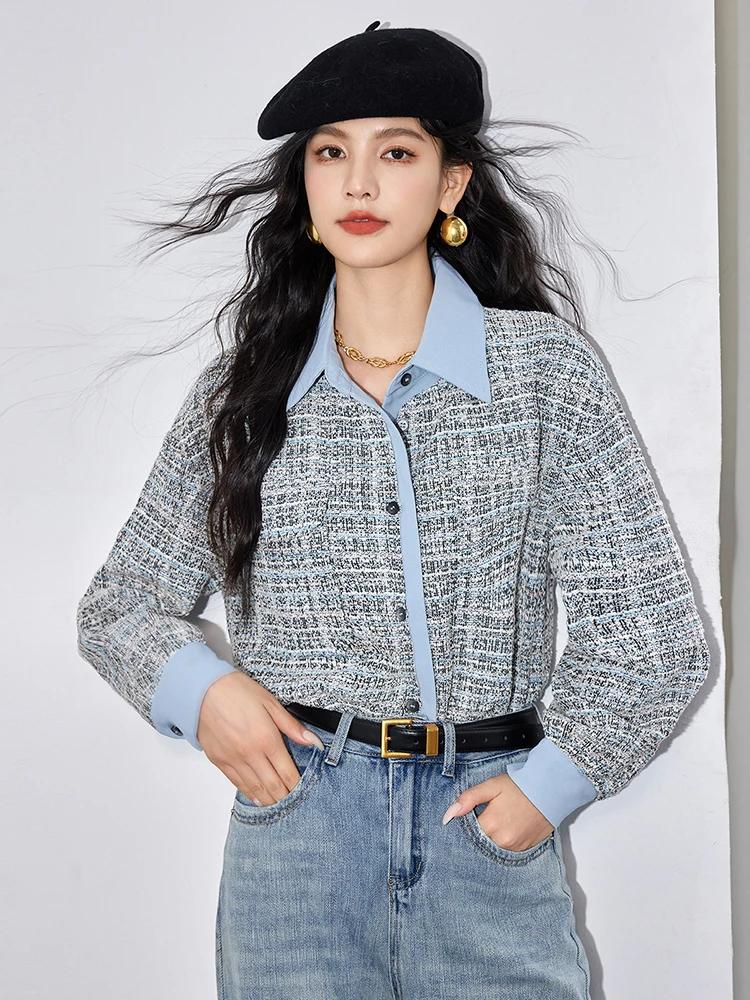 Autunno New Tweed Patchwork Shirt donna Vintage manica lunga camicetta temperamento top elegante camicia allentata
