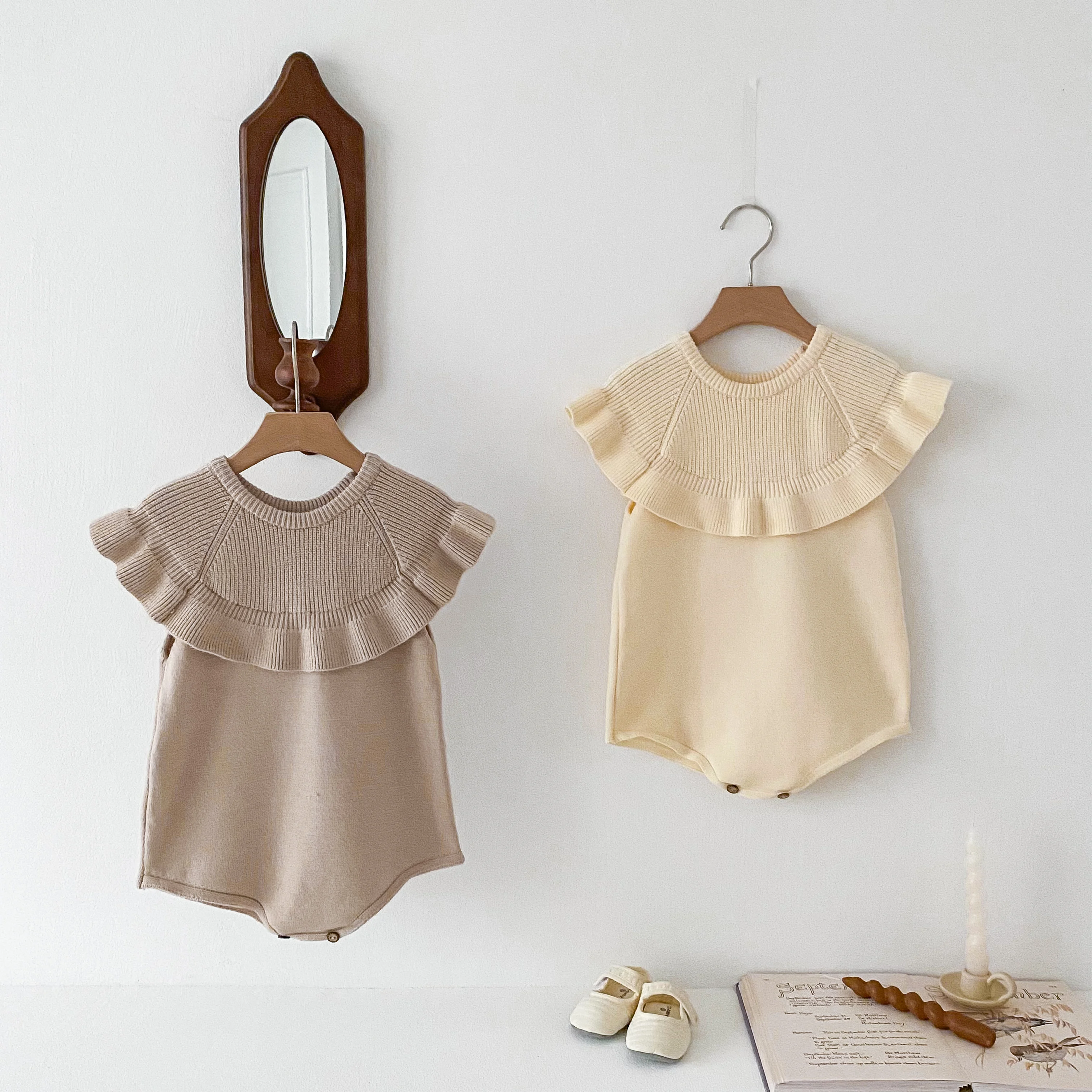 Spring  Autumn Baby Girls Knit Romper Solid Color Infant Bodysuit with Hat Sweet Baby Clothes 0-24M