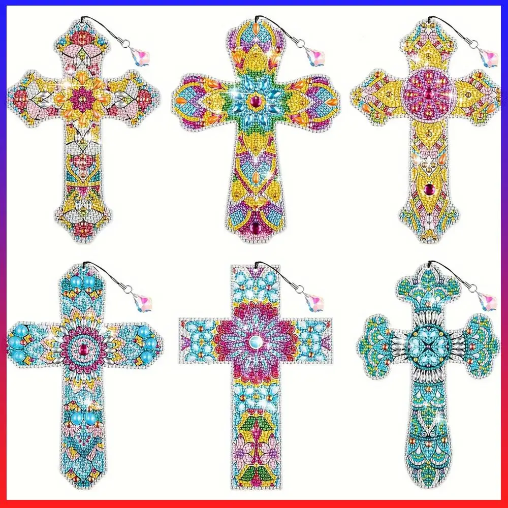 6Pcs Special Shape Cross Shape DIY Bookmarks Diamond Painting Kits Diamond Painting Bookmark Making Kit for Reading Day Gift