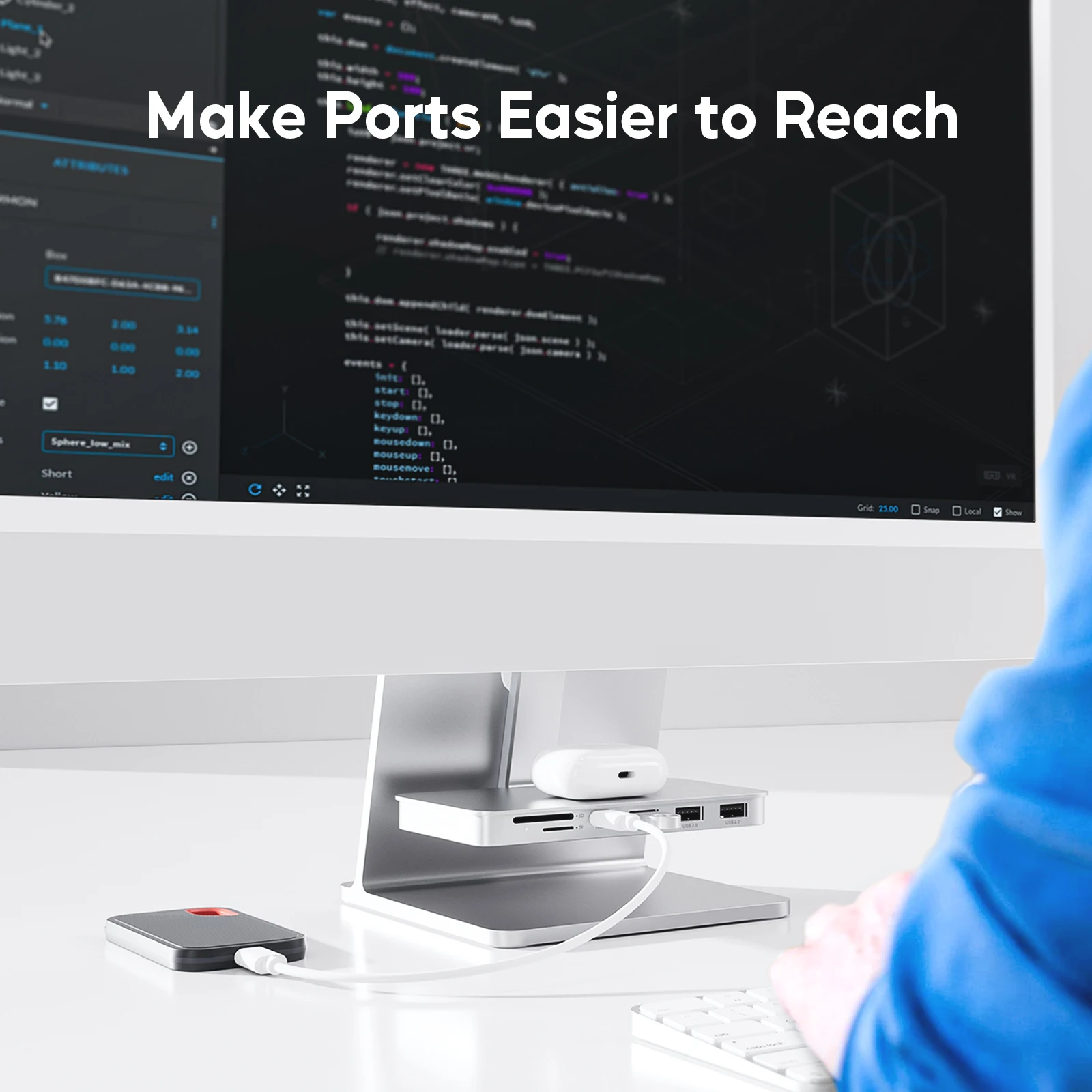 PULWTOP Hub iMac z obudową na dysk M.2 NVMe SSD, USB A/C 10 Gbps, SD/TF dla iMac24 M1/M3/M4 lub Studio Display 27 cali