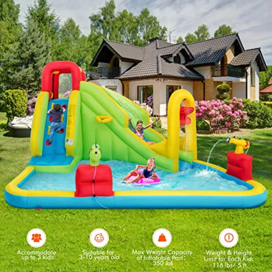Inflatable Bounce House w/Slide, Climb Wall, Splash Pool, Water Cannon, Basketball Rim, Large Water Slide Park for Summer Indoor
