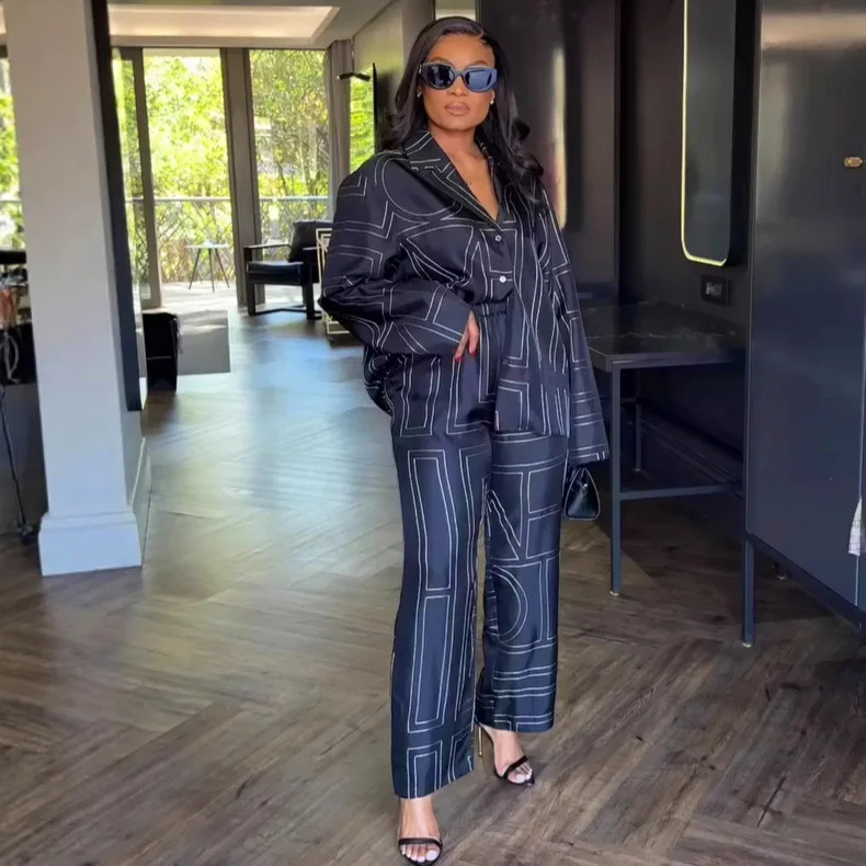 

Women Two Pieces Pant Sets Printing Matching Sets Single Breasted Turn Down Collar Top Elastic Waist Pants Loose 2025 Summer