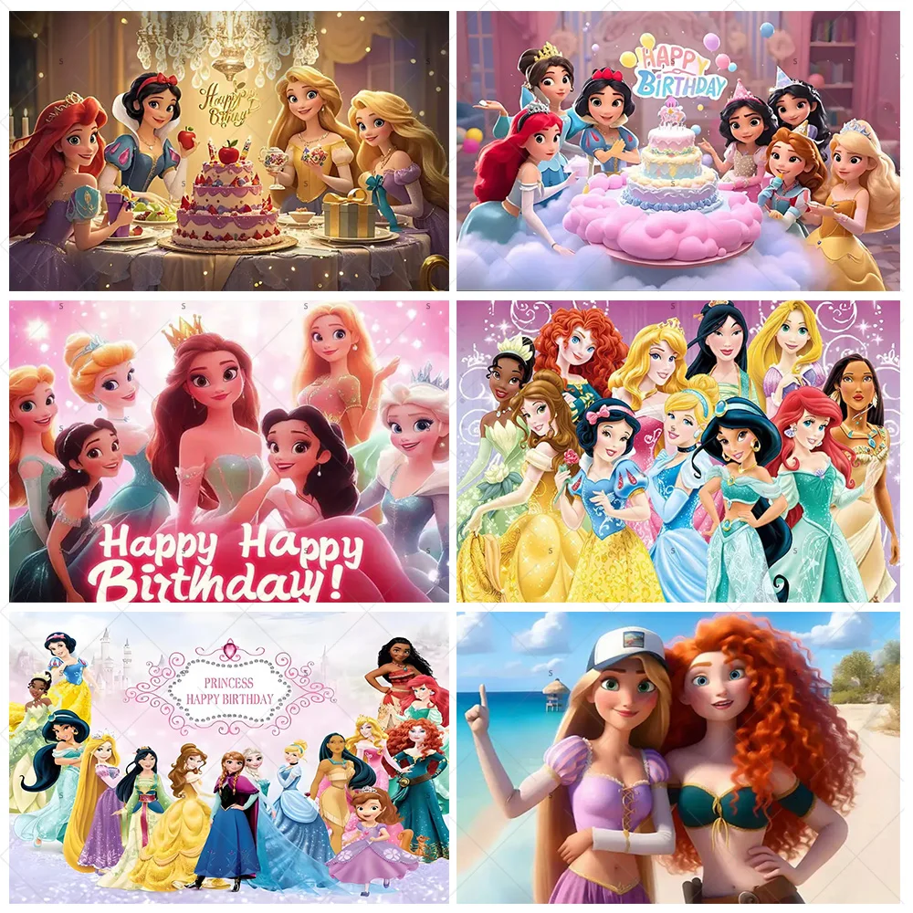 

Disney Princess Theme Birthday Party Decorations Background Banner Rapunzel Merida Backdrop Supplies Photo Shoot Prop Girl Gifts