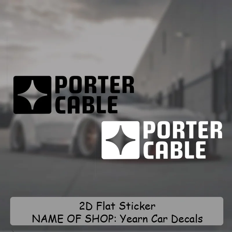 1 rollo de pegatinas con logotipo y letras de marca Porter Cable, vinilo blanco y negro con texto negro y detalles de estrellas, resistente al agua y a los rayos UV