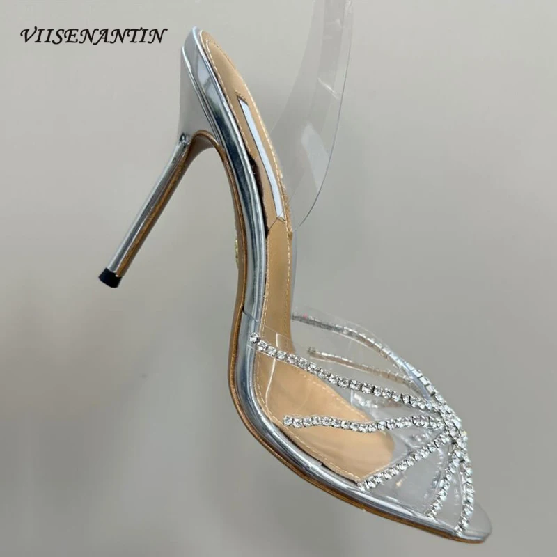 

Luxury Rhinestone High Heel Sandals Women Summer New Cross Tied Design Transparent Slingback Pary Dress Wedding Shoes Females