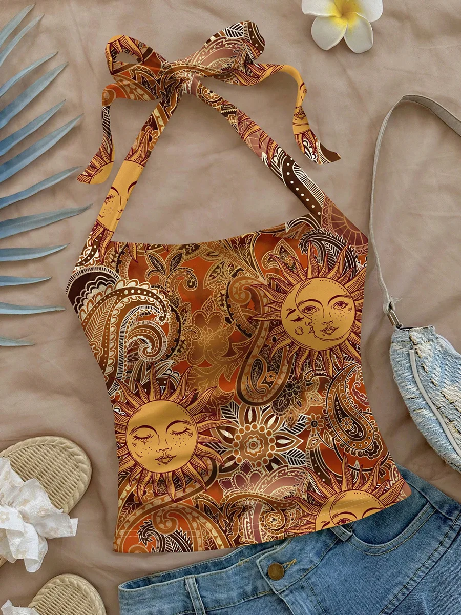 Slim Fit Summer Strap Top Women's Vest Hanging Neck Clothing Commute Style Printed Three-acetate Fiber Short Length  Color