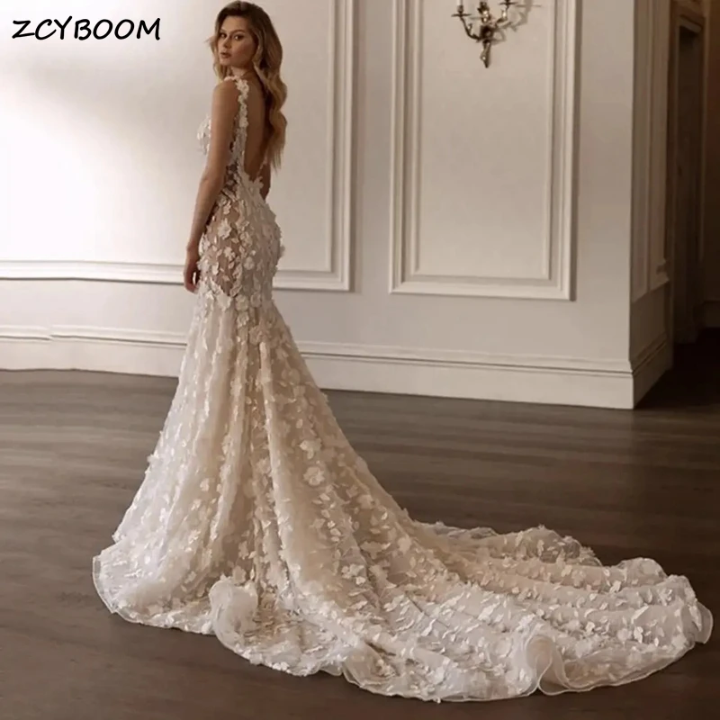 Elegant Backlessสปาเก็ตตี้สายคล้องคอชุดเดรสเมอร์เมดสําหรับผู้หญิง 2024 Court Trainชุดเจ้าสาวVestidos De Novia